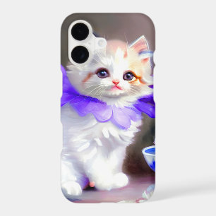 White Cat with Purple Flower Collar Painting