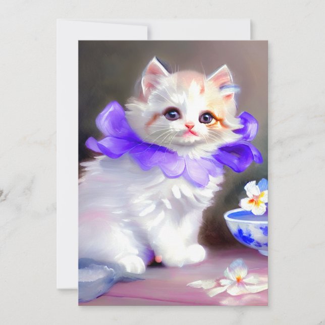 White Cat with Purple Flower Collar Painting Announcement (Front)