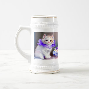 White Cat with Purple Flower Collar Painting Beer Stein