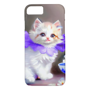 White Cat with Purple Flower Collar Painting Case-Mate iPhone Case