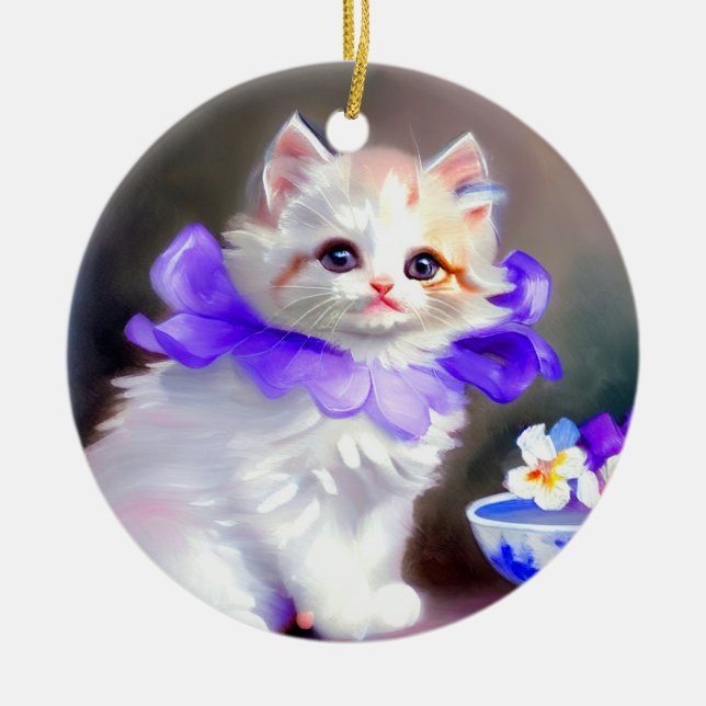 White Cat with Purple Flower Collar Painting Ceramic Tree Decoration (Front)