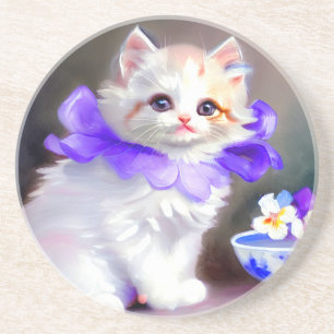 White Cat with Purple Flower Collar Painting Coaster