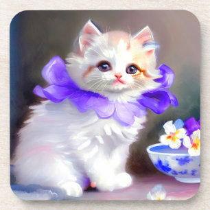 White Cat with Purple Flower Collar Painting Coaster