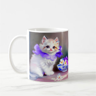 White Cat with Purple Flower Collar Painting Coffee Mug