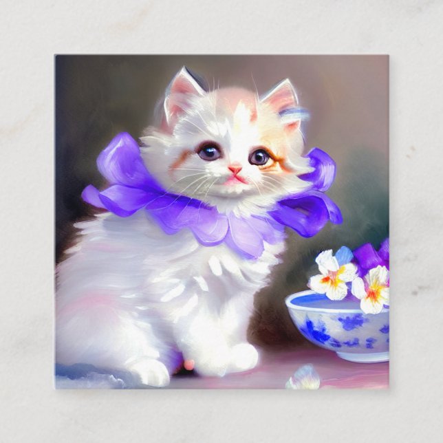 White Cat with Purple Flower Collar Painting Enclosure Card (Front)