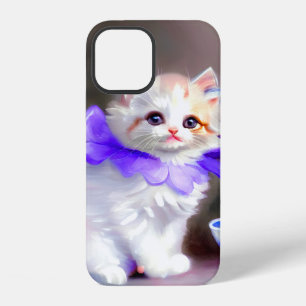 White Cat with Purple Flower Collar Painting iPhone 12 Case