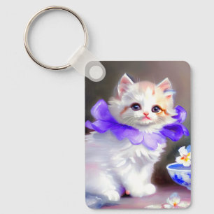 White Cat with Purple Flower Collar Painting Key Ring