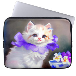 White Cat with Purple Flower Collar Painting Laptop Sleeve