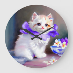 White Cat with Purple Flower Collar Painting Large Clock