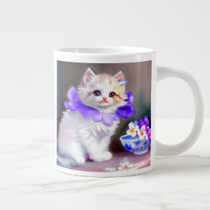 White Cat with Purple Flower Collar Painting Large Coffee Mug