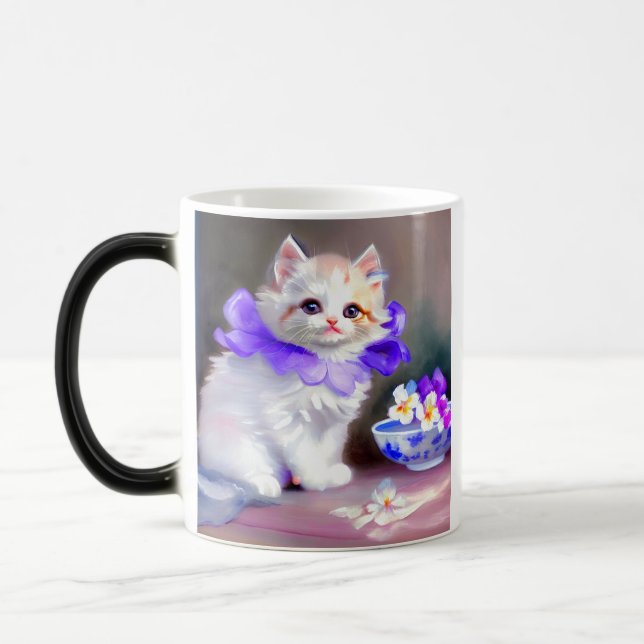 White Cat with Purple Flower Collar Painting Magic Mug (Left)