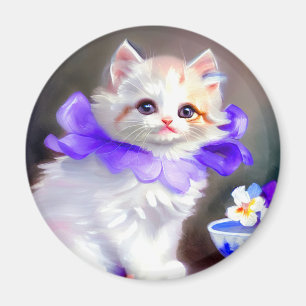 White Cat with Purple Flower Collar Painting Magnet