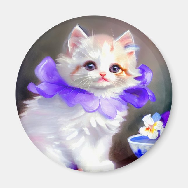 White Cat with Purple Flower Collar Painting Magnet (Front)