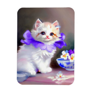 White Cat with Purple Flower Collar Painting Magnet