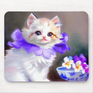 White Cat with Purple Flower Collar Painting Mouse Pad