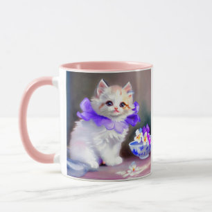 White Cat with Purple Flower Collar Painting Mug