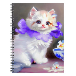 White Cat with Purple Flower Collar Painting Notebook