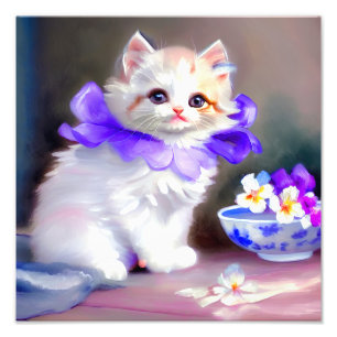 White Cat with Purple Flower Collar Painting Photo Print