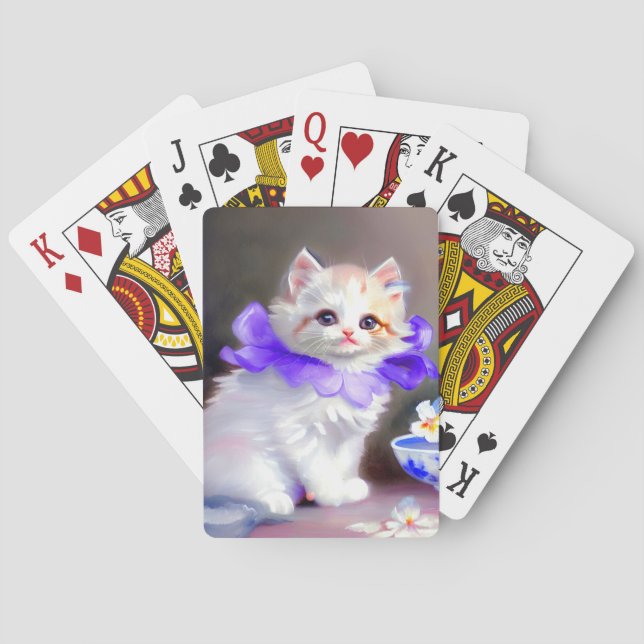 White Cat with Purple Flower Collar Painting Playing Cards (Back)