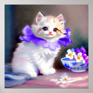 White Cat with Purple Flower Collar Painting Poster