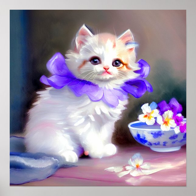 White Cat with Purple Flower Collar Painting Poster (Front)