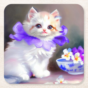 White Cat with Purple Flower Collar Painting Square Paper Coaster