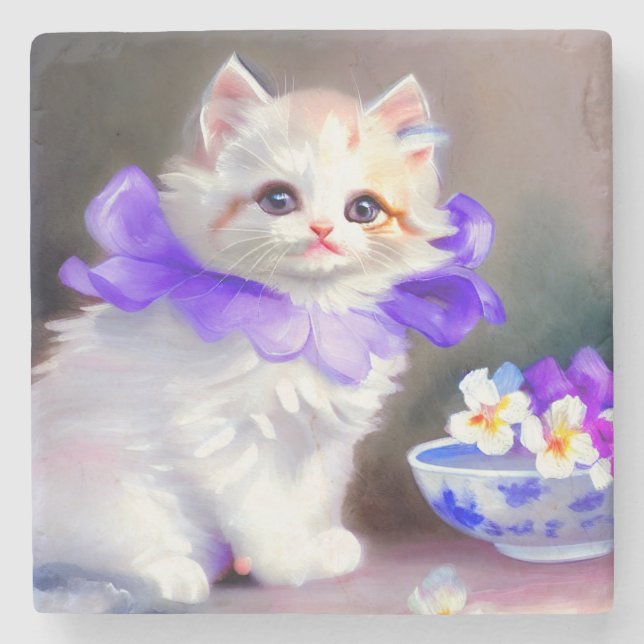 White Cat with Purple Flower Collar Painting Stone Coaster (Front)