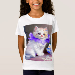 White Cat with Purple Flower Collar Painting T-Shirt