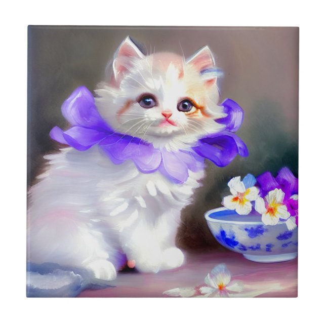White Cat with Purple Flower Collar Painting Tile (Front)