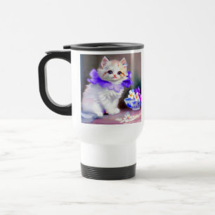 White Cat with Purple Flower Collar Painting Travel Mug