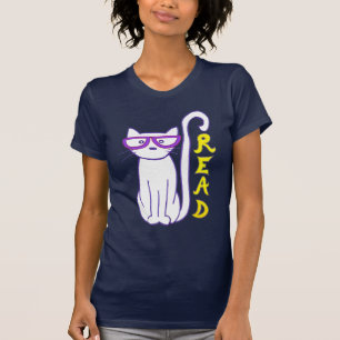 White Cat with Purple Glasses with Read Sign T-Shirt
