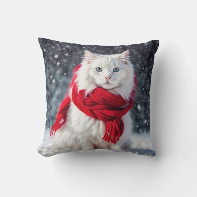 White Cat with Red Winter Scarf Cushion (Front)