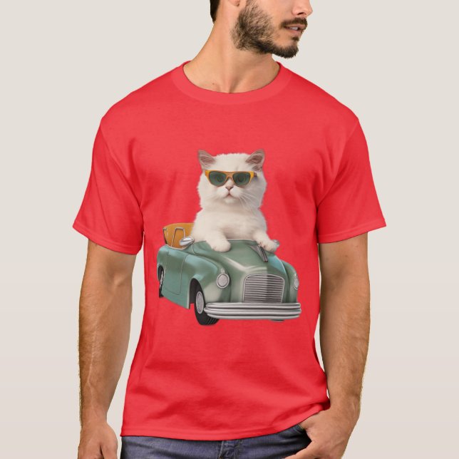 White Cat with Shades Driving a T-Shirt (Front)