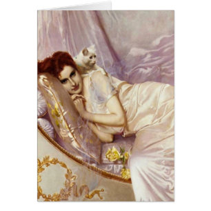 white cat woman lady white purple silk bed