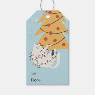 White cat wrapped in red Christmas tree lights Gift Tags