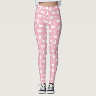 White Cats and Paw Prints on Pink Leggings