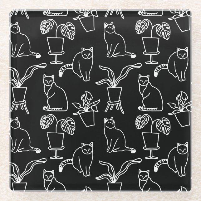 White cats on black glass coaster (Front)