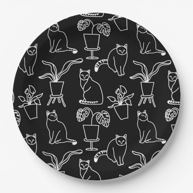 White cats on black paper plate (Front)