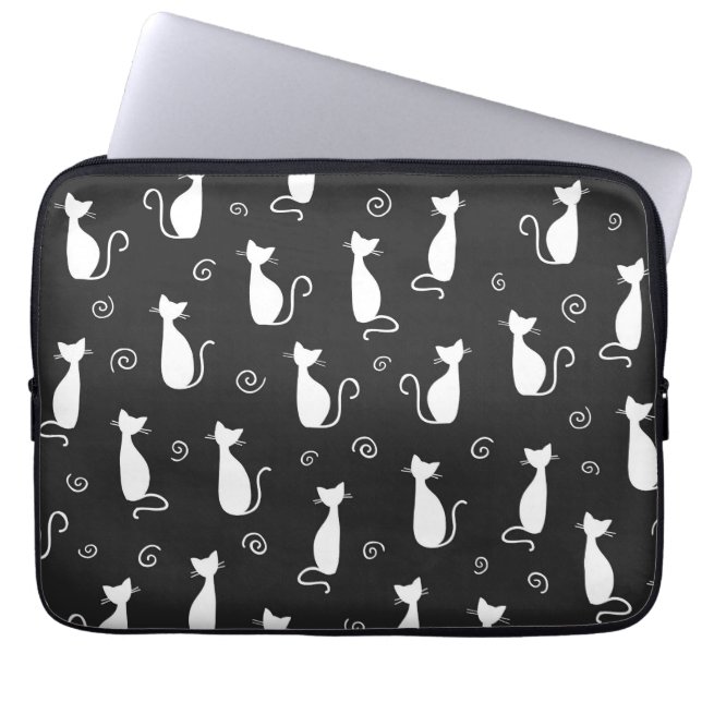 White Cats Pattern on Black Laptop Sleeve (Front)
