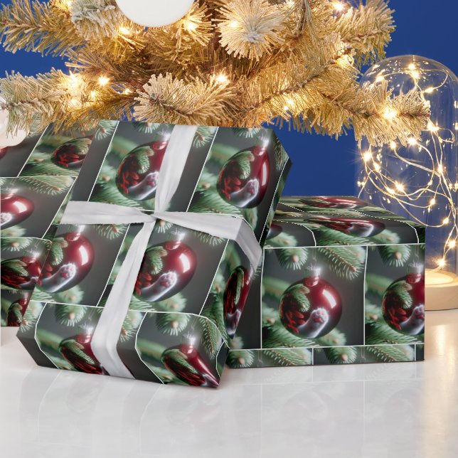 White Cat's Paw Reflection In Red Ornament Wrapping Paper (Holidays)