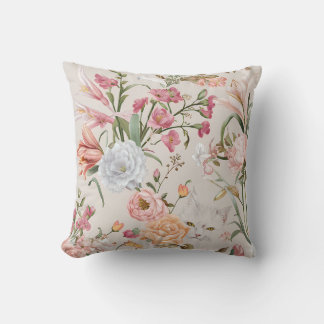 White Cats Pink Roses Floral Cushion