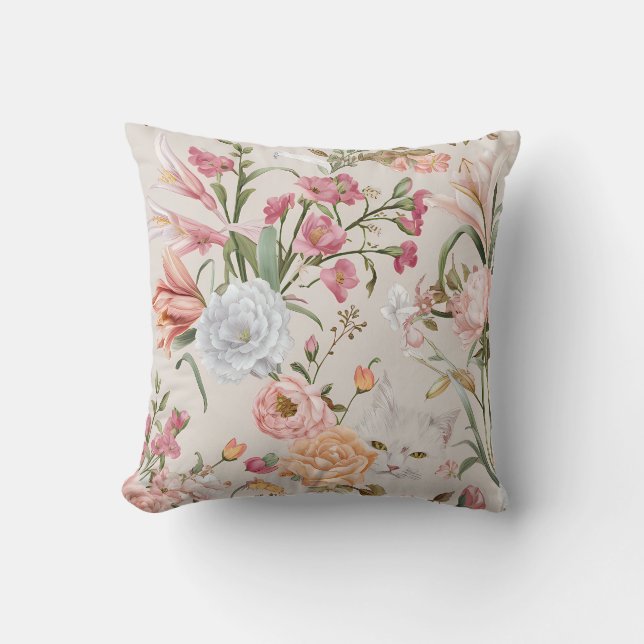 White Cats Pink Roses Floral  Cushion (Front)