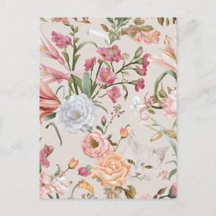 White Cats Pink Roses Floral Flat Thank You Card