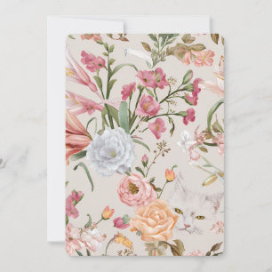 White Cats Pink Roses Floral Flat Thank You Card