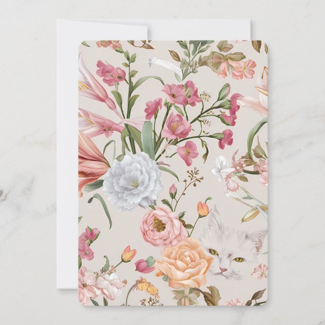 White Cats Pink Roses Floral Flat Thank You Card (Front)