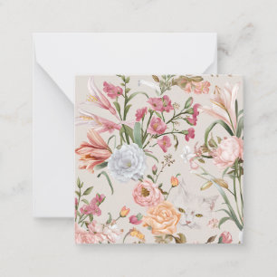 White Cats Pink Roses Floral Flat Thank You Card