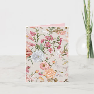 White Cats Pink Roses Floral Flat Thank You Card