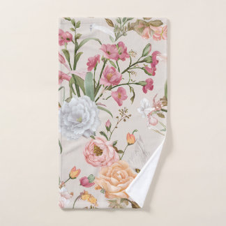 White Cats Pink Roses Floral Hand Towel