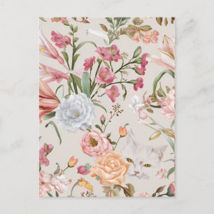 White Cats Pink Roses Floral Holiday Postcard