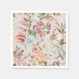 White Cats Pink Roses Floral Napkin